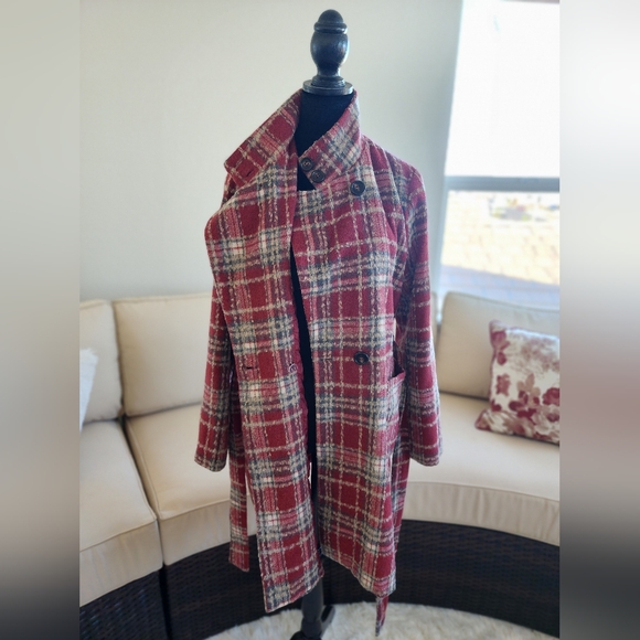 Potters Pot Red Flannel Pattern Wool Blend Coat size S - Picture 2 of 5